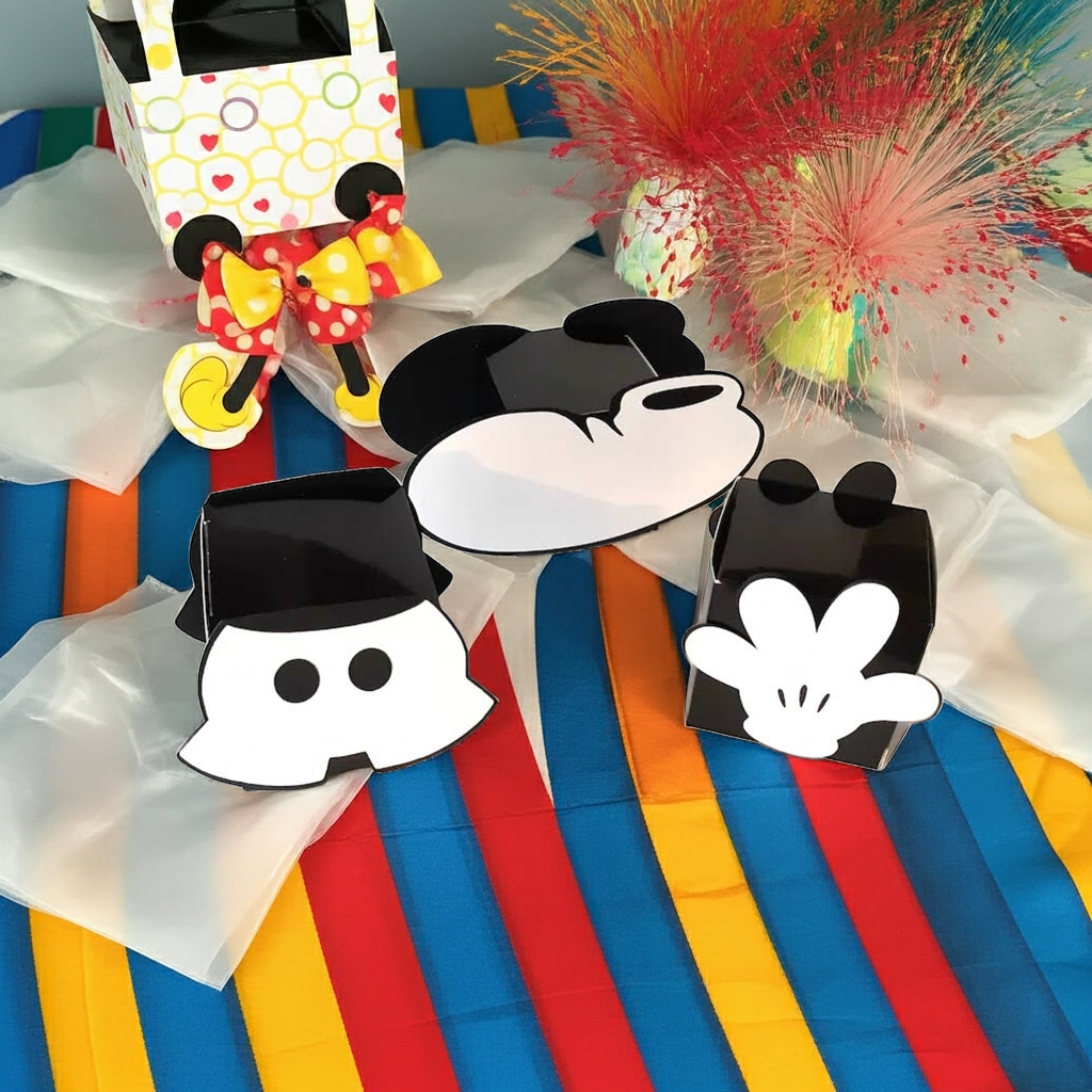 Handmade Mickey and Minnie party favor boxes displayed on a colorful birthday table — creative decorations by Party By Imagination.
