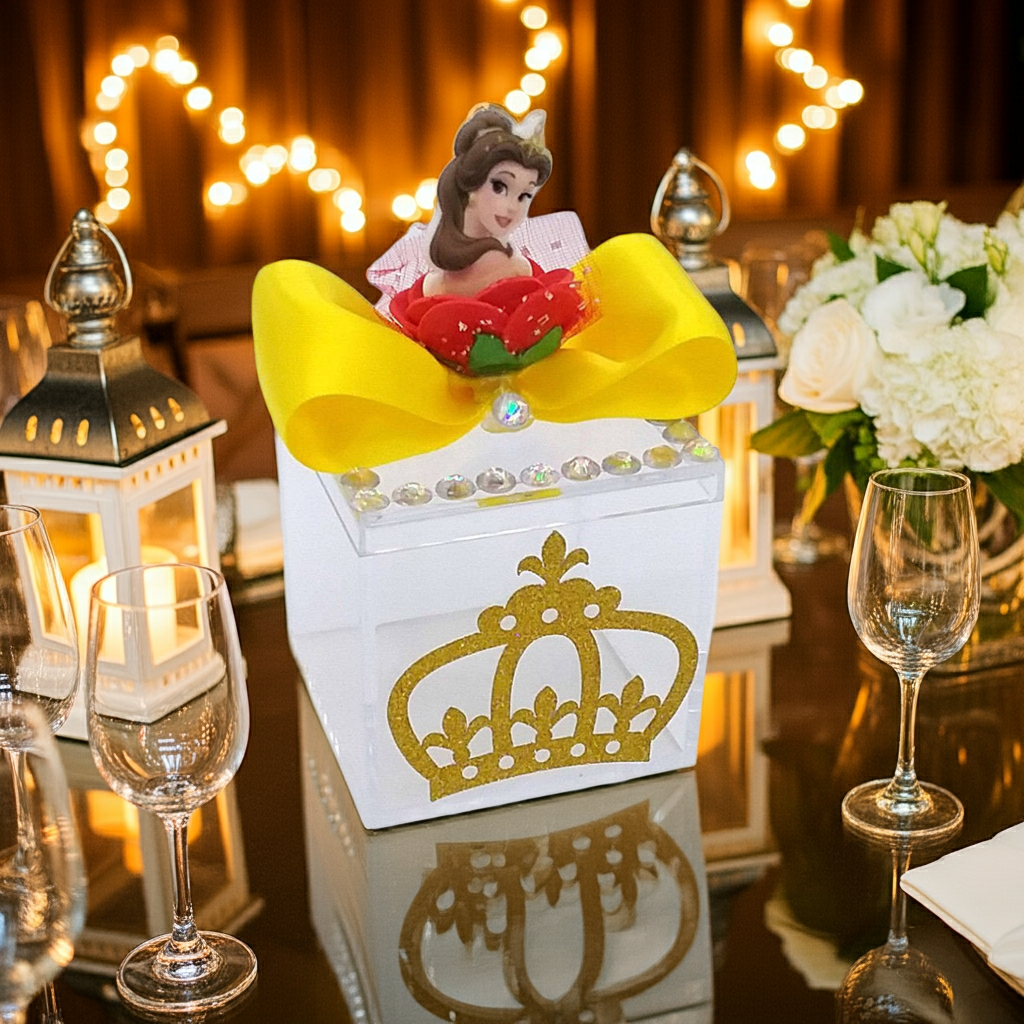 Belle acrylic favor box with yellow bow, red enchanted rose and gold crown design, handmade Beauty and the Beast party decoration