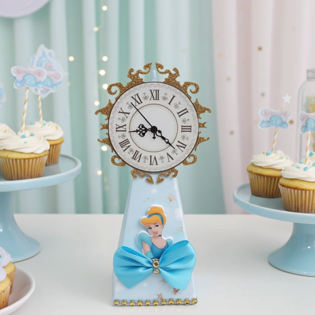 Cinderella themed kids party favor box with fairy-tale clock and pastel decorations — handmade by Party By Imagination