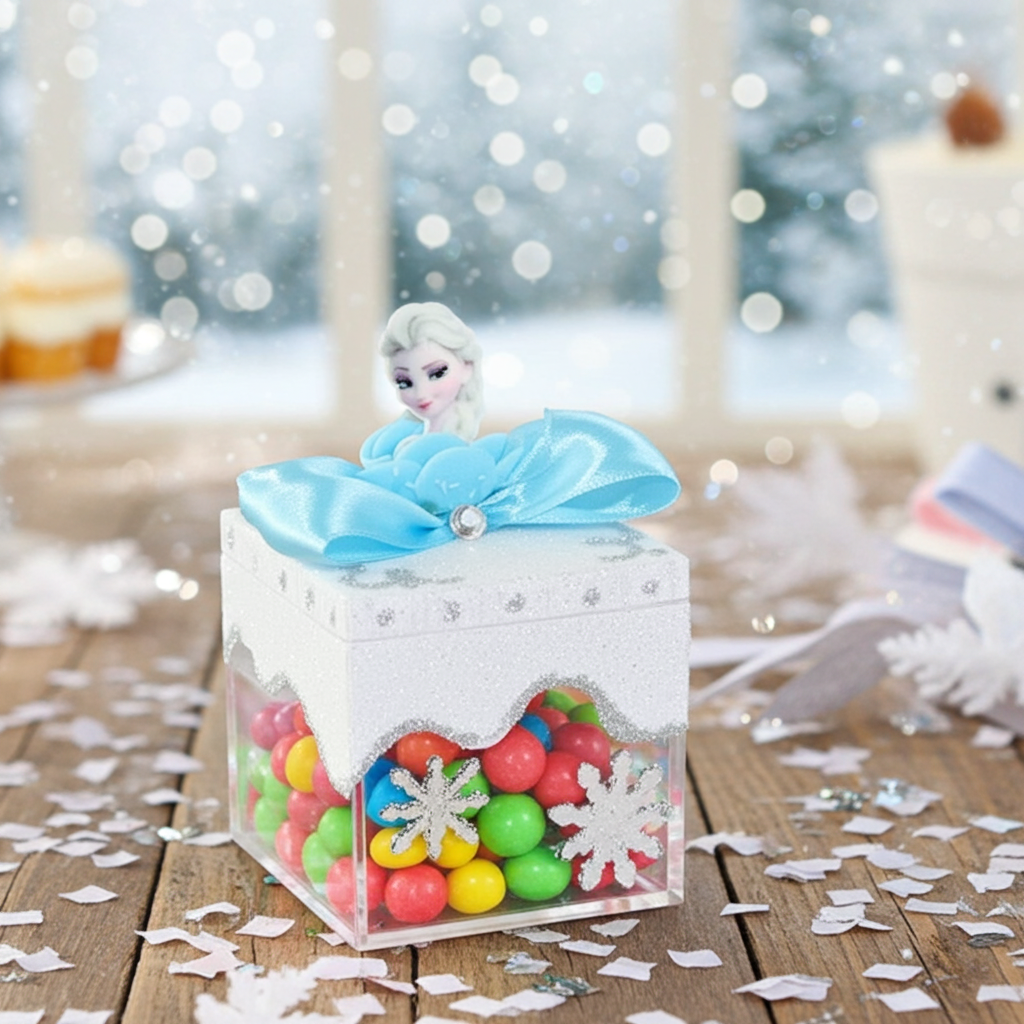 Handmade kids birthday candy favor box with blue ribbon and charming storybook design — Party By Imagination