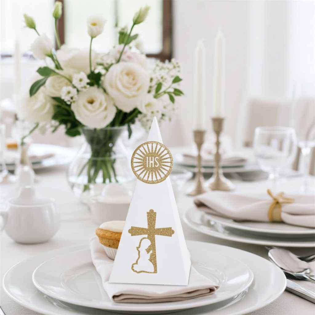 First Communion favor box with gold cross and praying child on elegant white table setting