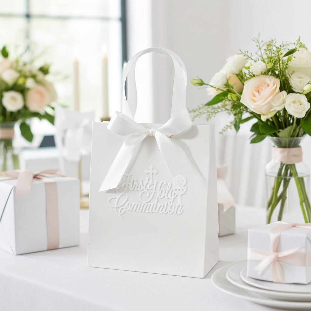 White First Holy Communion gift bag with bow, displayed on an elegant table with flowers and wrapped gifts