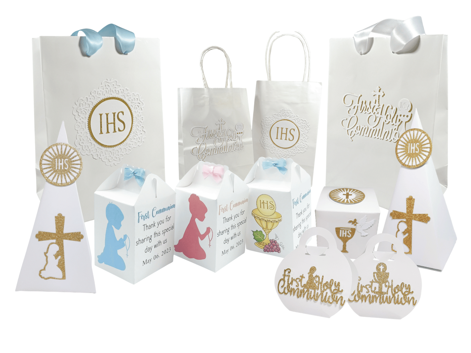 First Communion gift bags and handmade favor boxes with gold IHS and religious designs by Party By Imagination