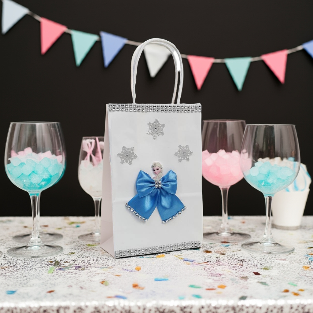 Handmade Elsa Frozen gift bag with blue satin bow and snowflake accents displayed on a winter-themed party table by Party By Imagination