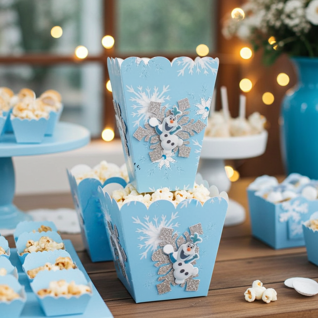 Blue Olaf Frozen popcorn boxes with snowflake decorations for kids birthday party