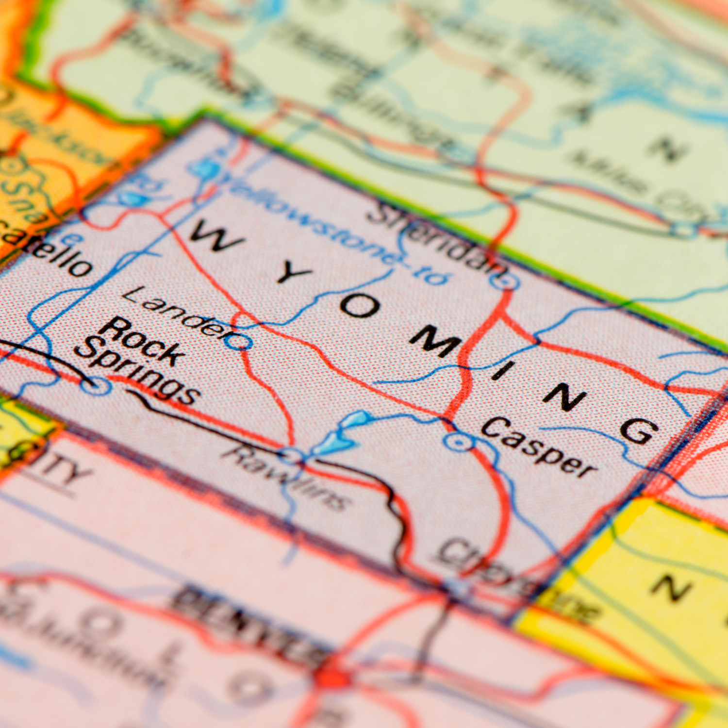Map of Wyoming highlighting Cheyenne, Casper, Laramie, Gillette, Rock Springs, and Sheridan — visual guide for the Wyoming Party Store by Party By Imagination.