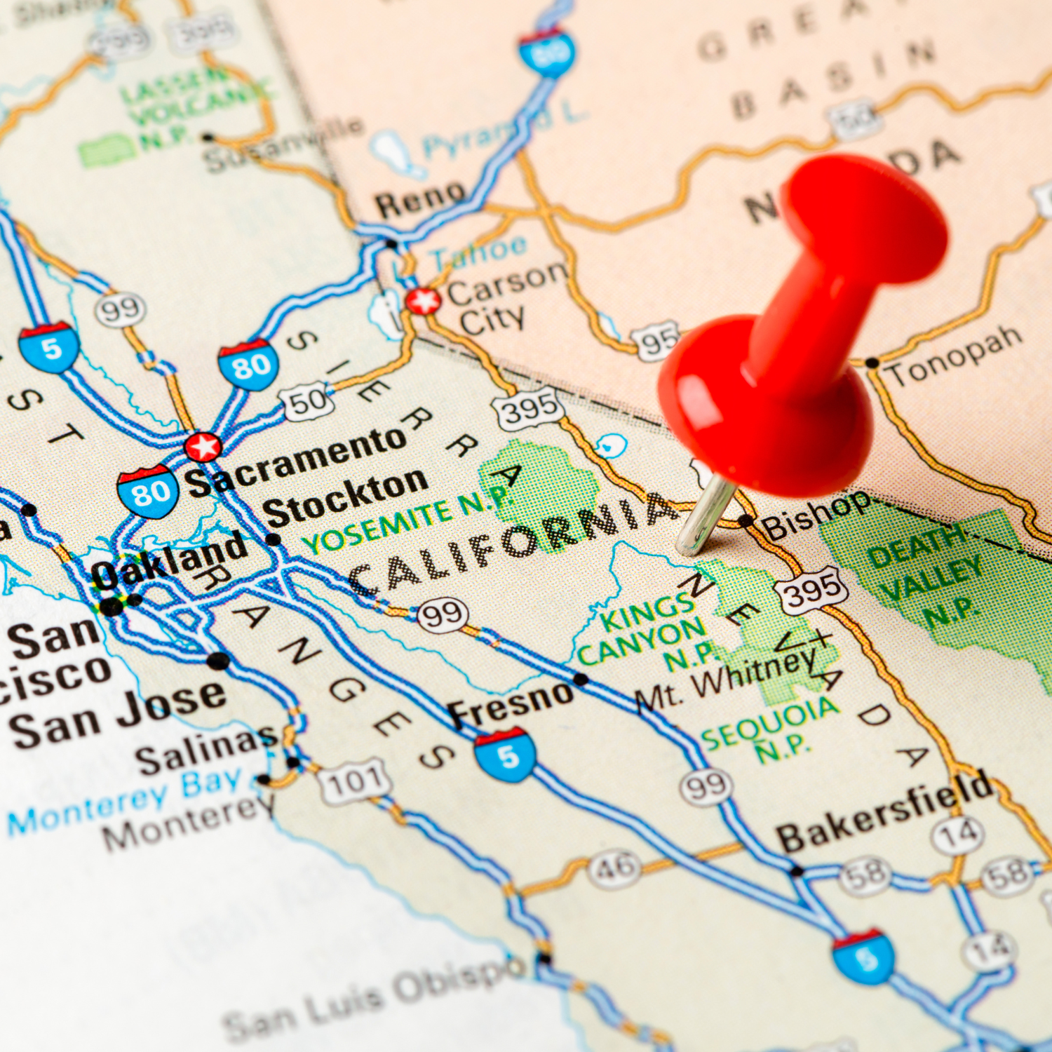 Map of California highlighting Los Angeles, San Diego, San Jose, San Francisco, Sacramento, Fresno, and Oakland — featured on the California Party Store page by Party By Imagination.