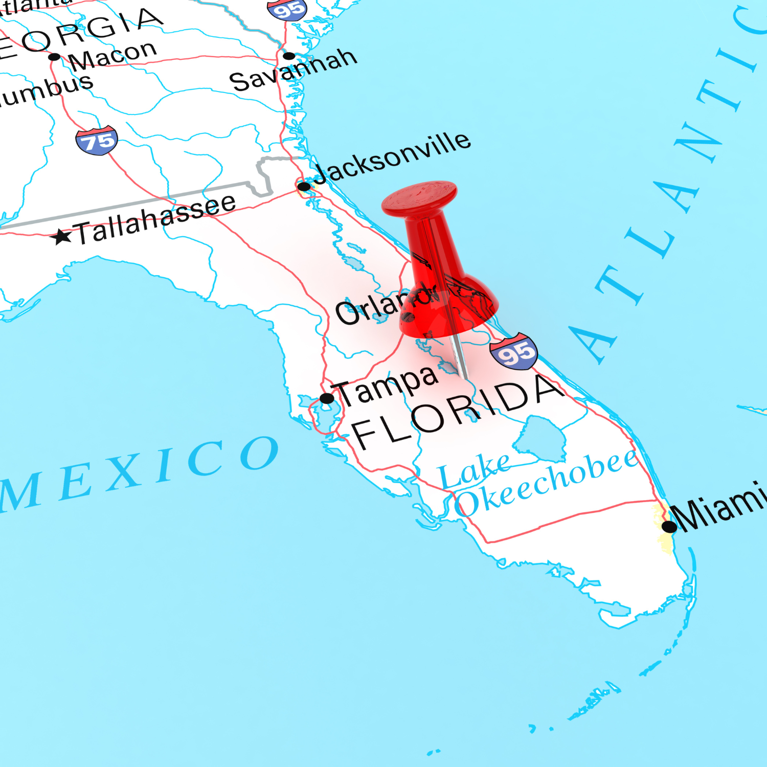 Map of Florida highlighting Miami, Orlando, Tampa, Jacksonville, St. Petersburg, Fort Lauderdale, and Sarasota — featured on the Florida Party Store page by Party By Imagination.