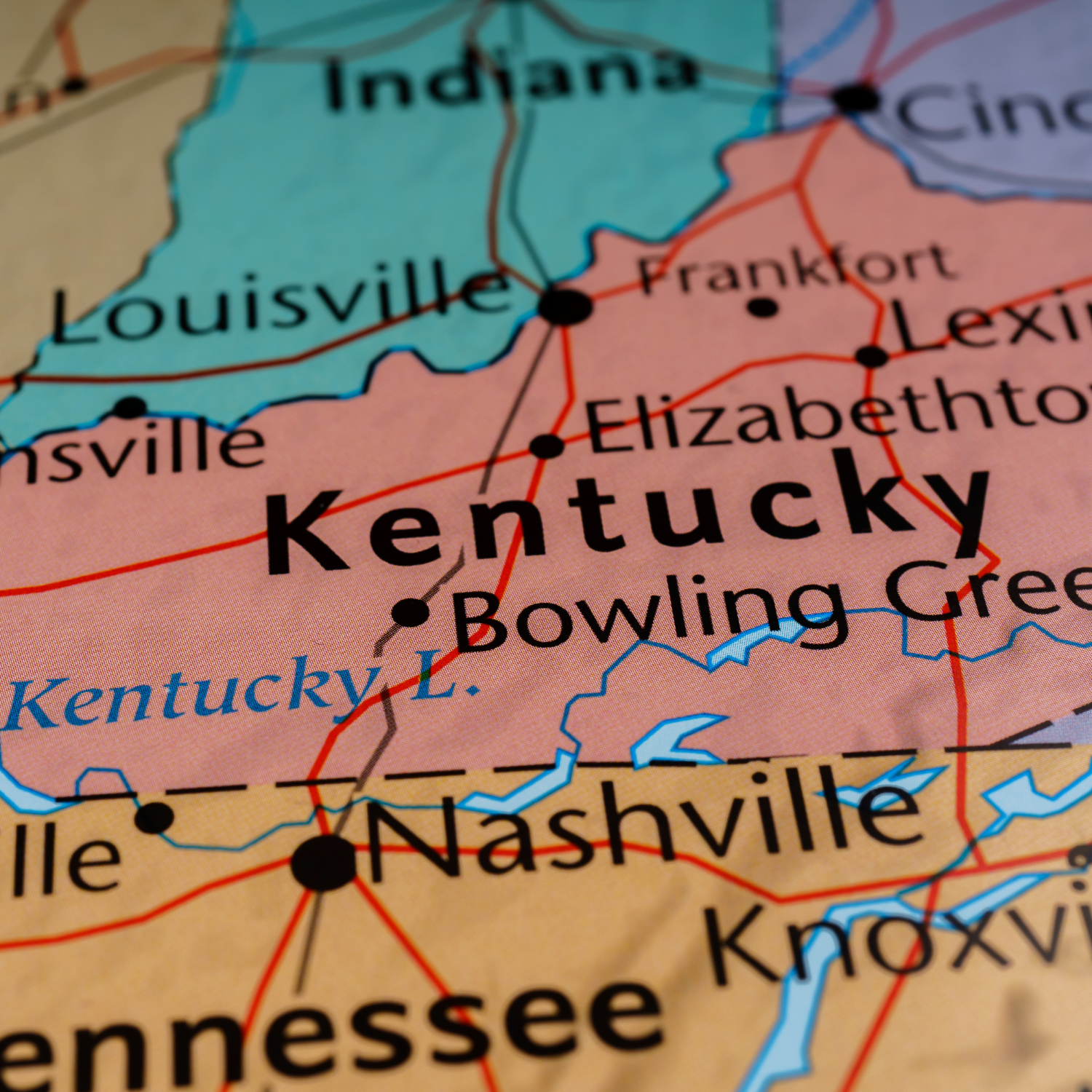 Map of Kentucky highlighting Louisville, Lexington, Bowling Green, Owensboro, and Covington — featured on the Kentucky Party Store page by Party By Imagination.