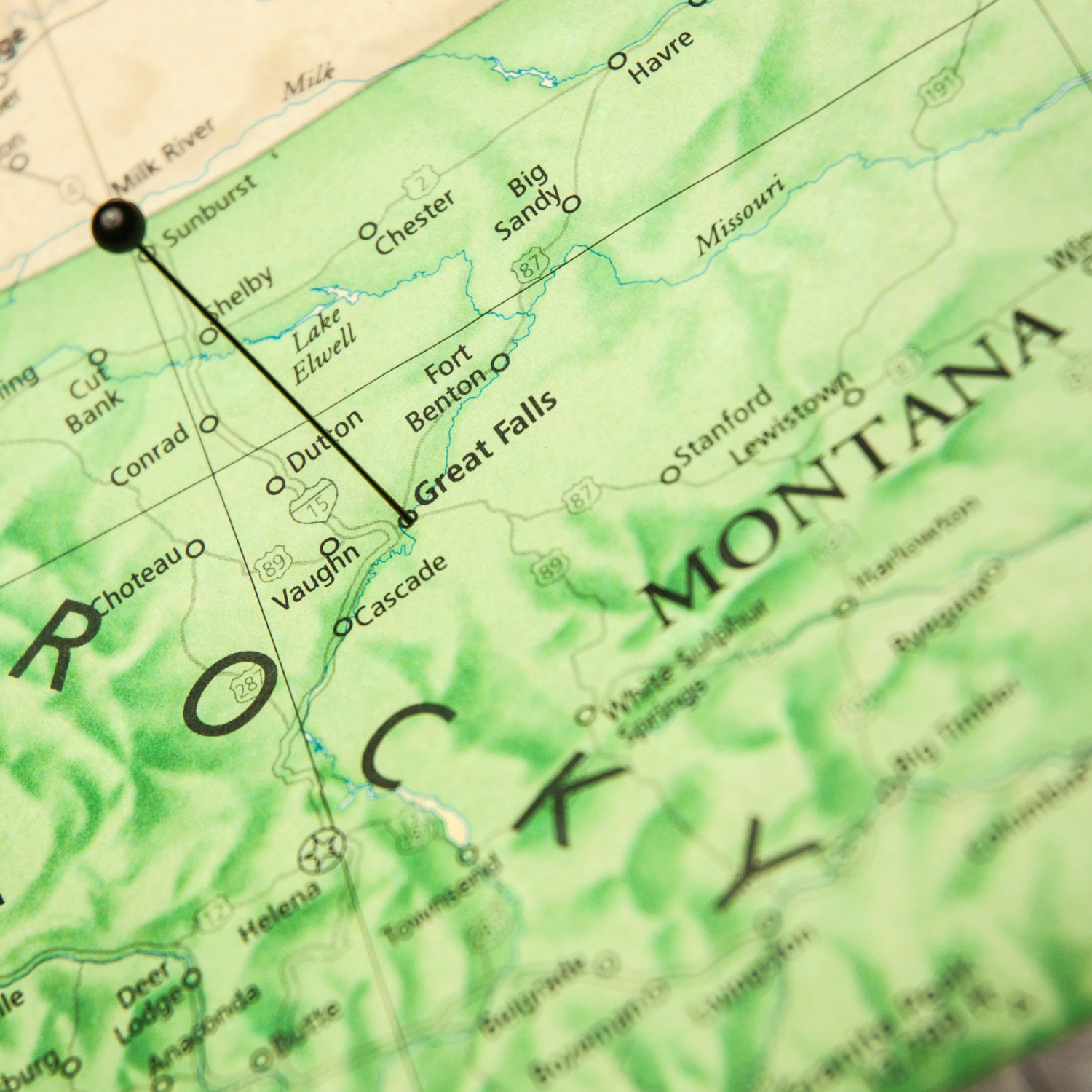 Map of Montana highlighting Billings, Missoula, Great Falls, Bozeman, and Butte — featured on the Montana Party Store page by Party By Imagination.