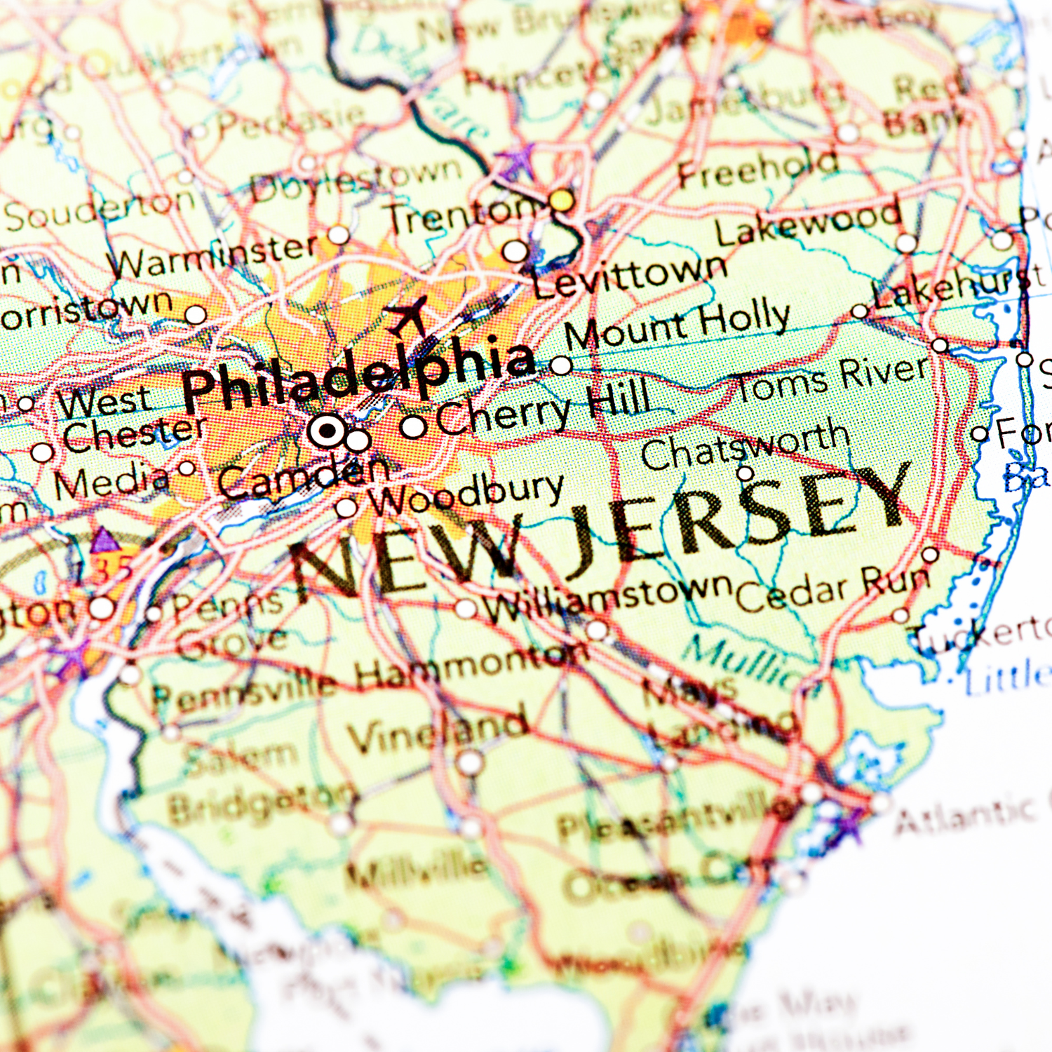 Map of New Jersey highlighting Newark, Jersey City, Paterson, Elizabeth, and Edison — featured on the New Jersey Party Store page by Party By Imagination.