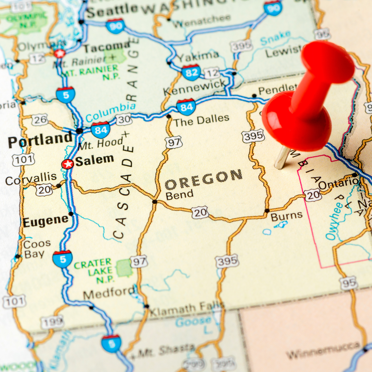 Map of Oregon highlighting Portland, Salem, Eugene, Gresham, and Hillsboro — featured on the Oregon Party Store page by Party By Imagination.