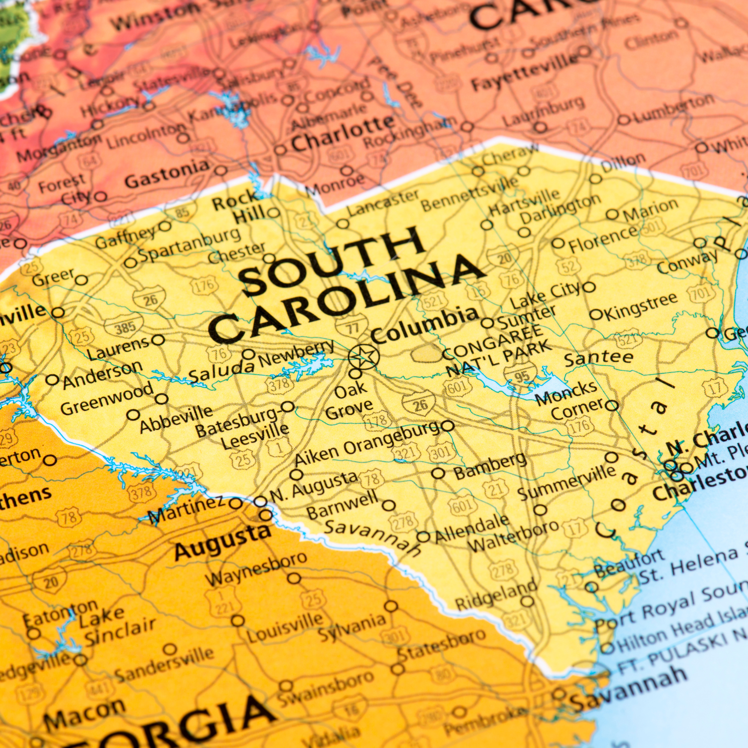 Map of South Carolina highlighting Charleston, Columbia, North Charleston, Mount Pleasant, and Rock Hill — featured on the South Carolina Party Store page by Party By Imagination.