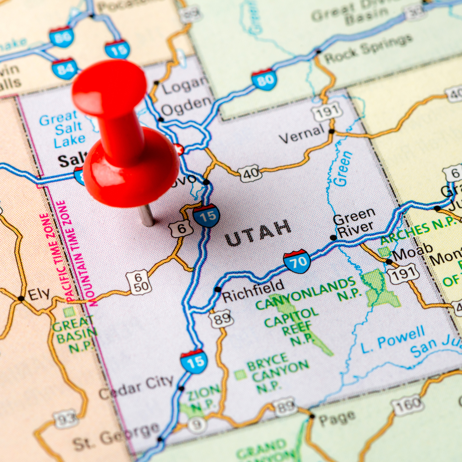 Map of Utah highlighting major cities including Salt Lake City, Provo, Ogden, and St. George — visual guide for the Utah Party Store by Party By Imagination.