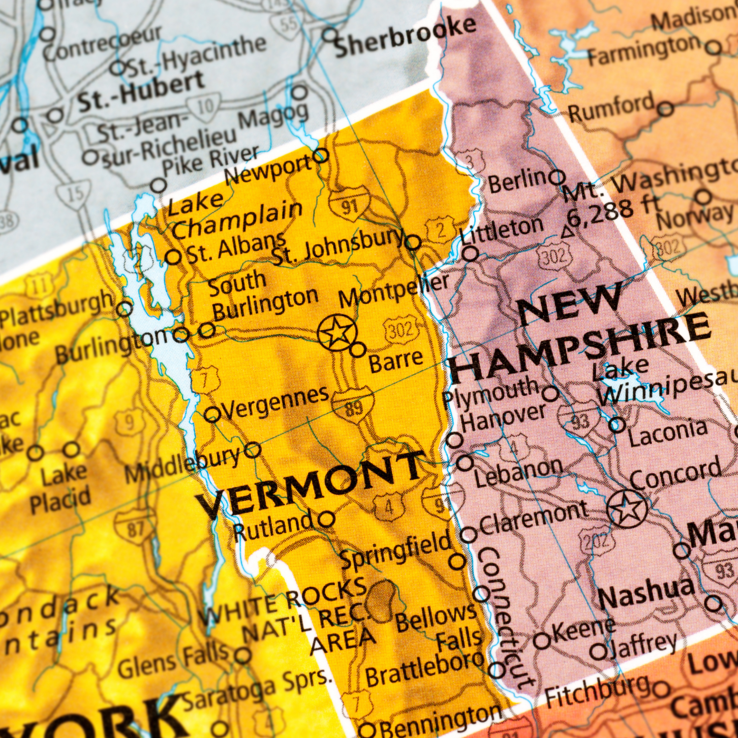 Map of Vermont highlighting Burlington, South Burlington, Rutland, Essex, Colchester, and Bennington — visual guide for the Vermont Party Store by Party By Imagination.