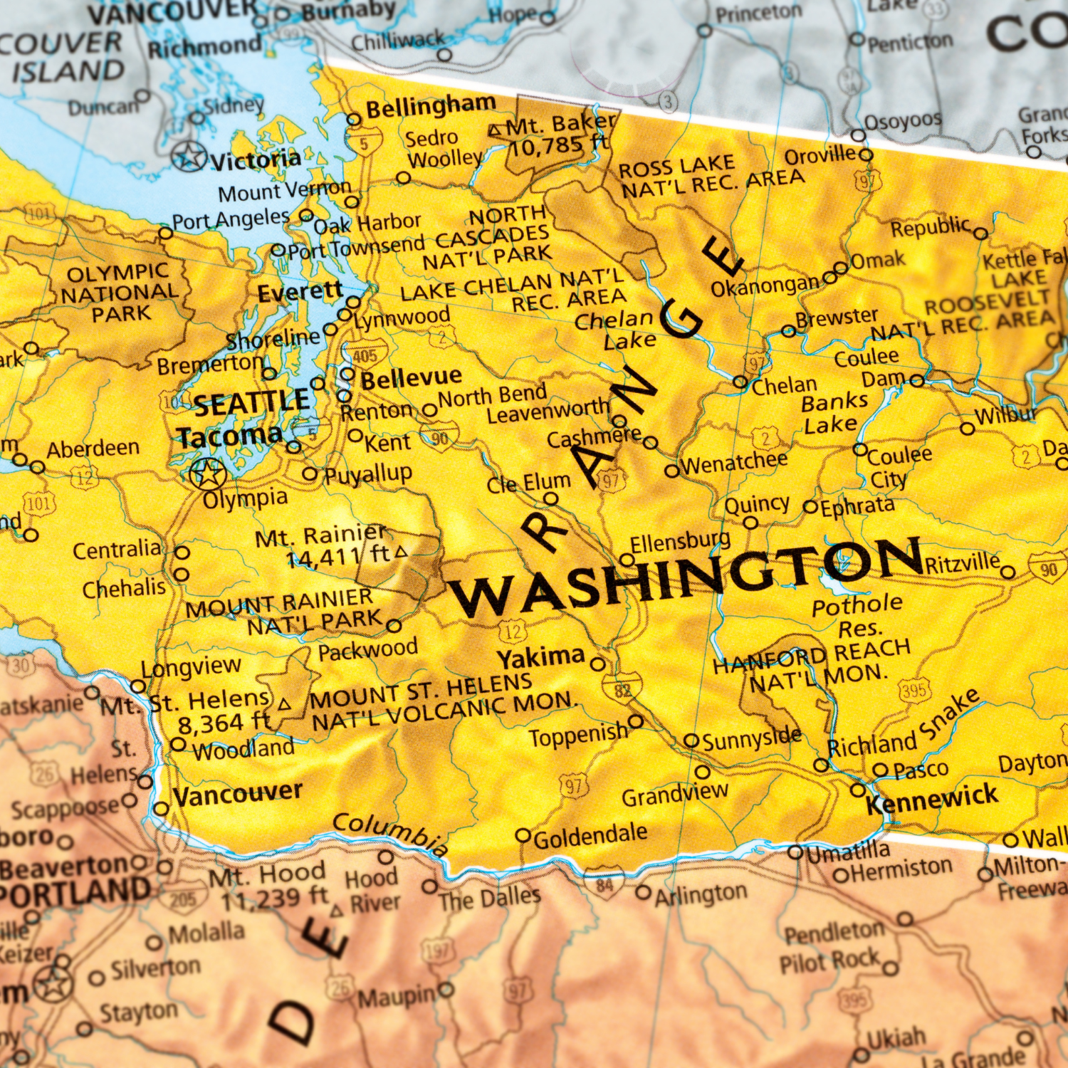 Map of Washington highlighting Seattle, Spokane, Tacoma, Vancouver, Bellevue, and Everett — visual guide for the Washington Party Store by Party By Imagination.