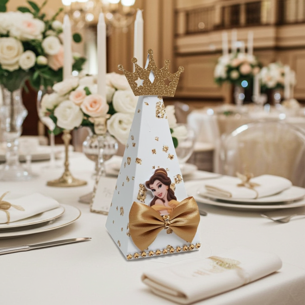 Handmade Disney Princess party favor box with gold crown and bow — elegant princess birthday table decoration by Party By Imagination