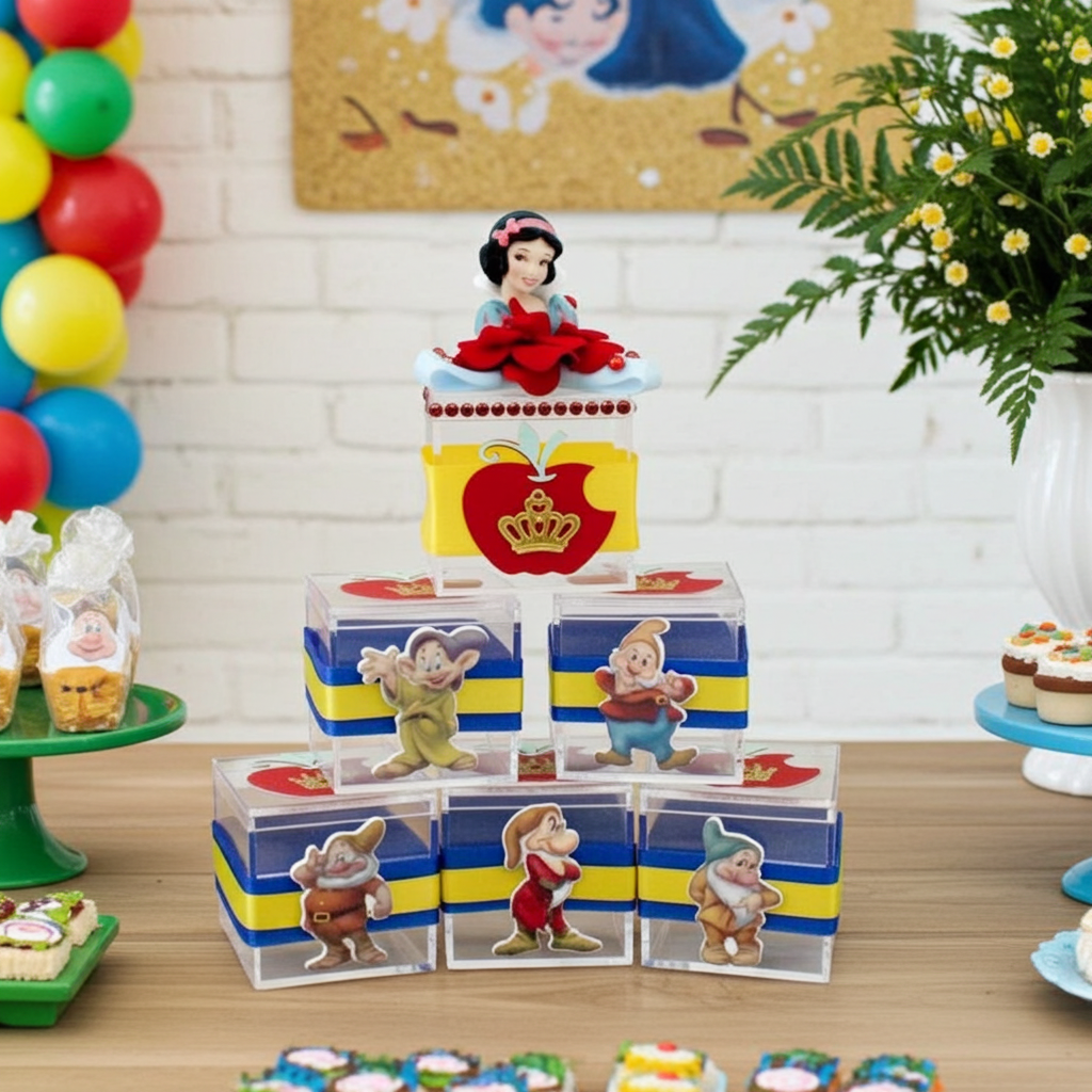 Snow White party favor boxes with the Seven Dwarfs — handmade candy boxes and acrylic gifts for princess birthday decorations.