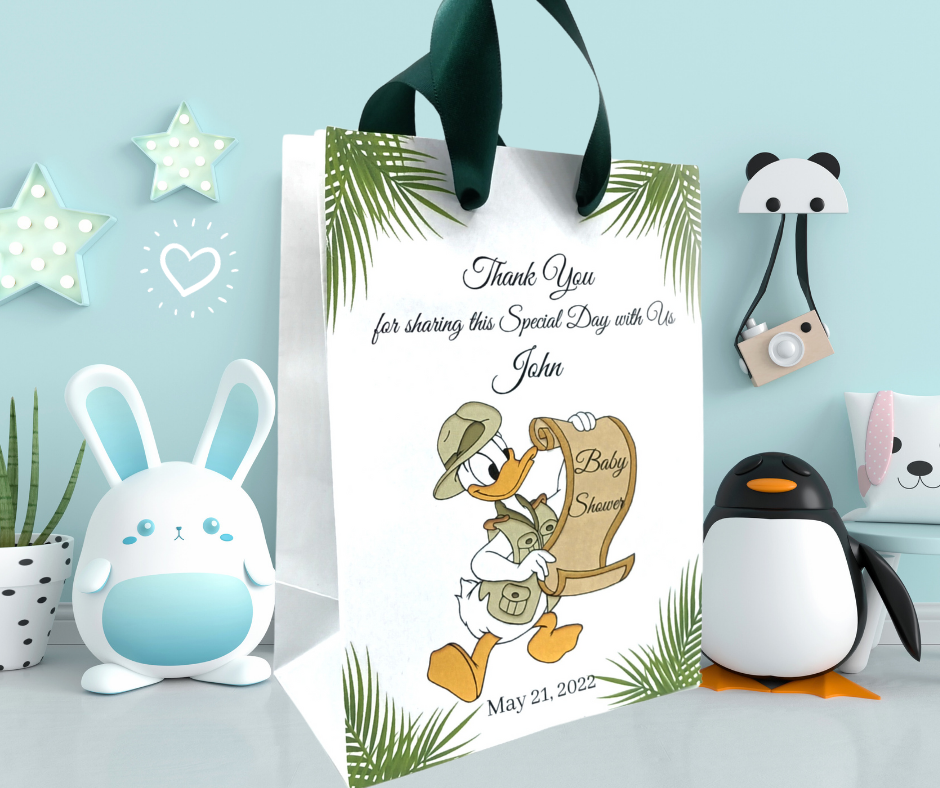 Baby shower decorations. Personalized baby shower gift bag with custom name and cute baby-themed design, perfect for baby shower decorations and favors”