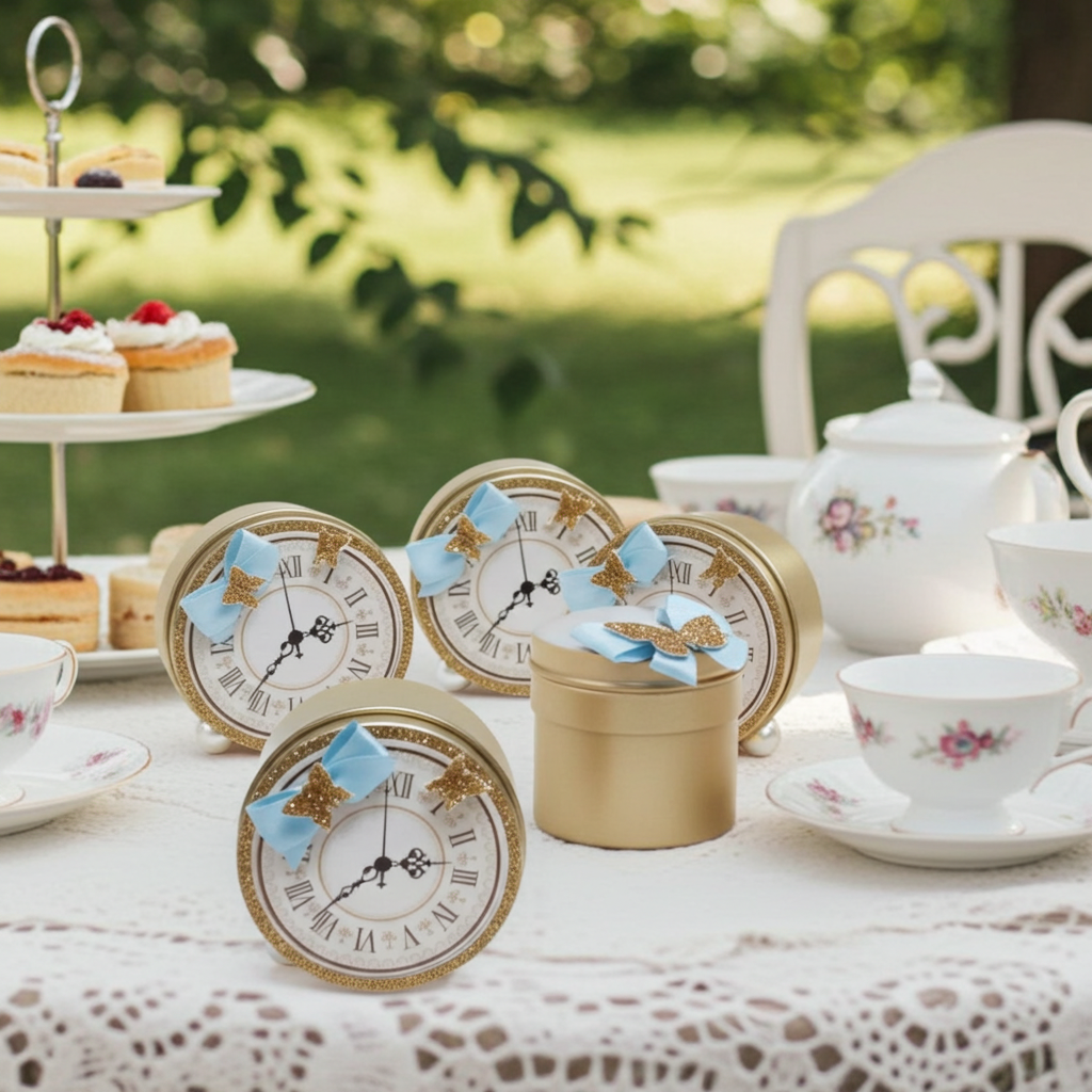 Alice in Wonderland rabbit clock metal favor box displayed on whimsical tea party table