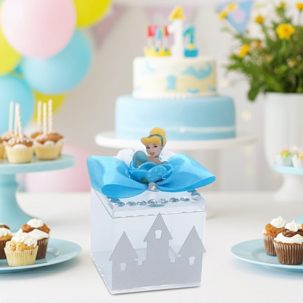 Cinderella birthday party decorations gift bags and table décor. Handmade Cinderella party favor box with blue ribbon and castle design — Cinderella birthday party decorations by Party By Imagination
