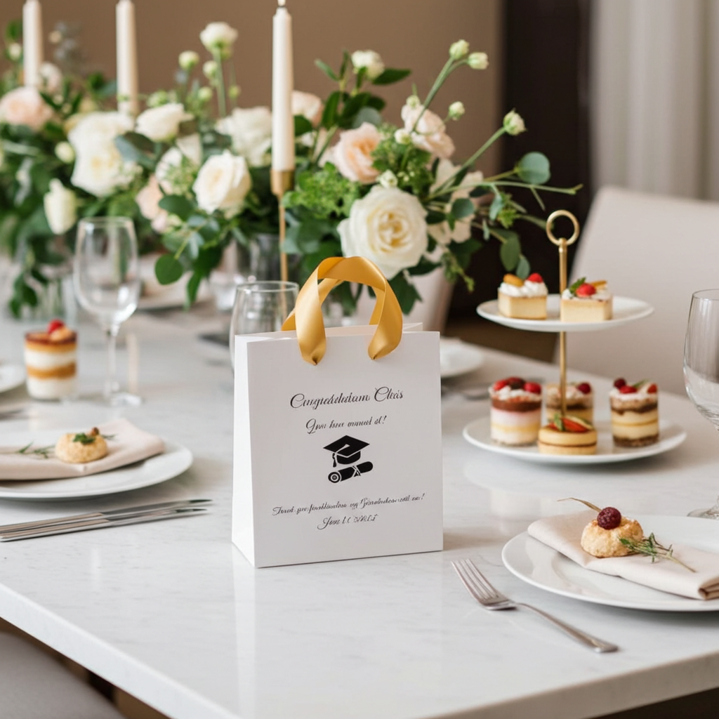 Elegant handmade graduation gift bag with custom name and keepsake packaging.