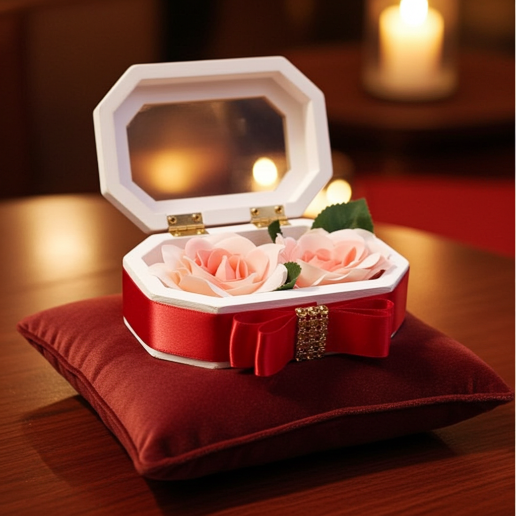 Elegant wedding keepsake ring box with roses and red ribbon for wedding ceremony